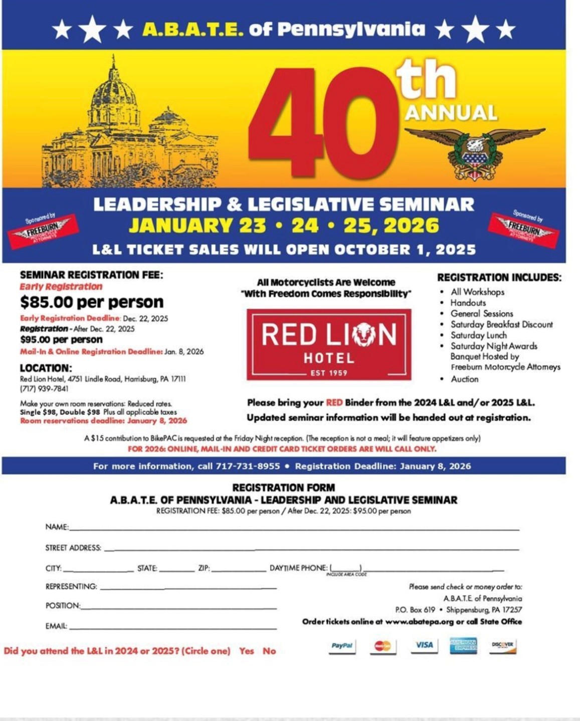ABATE of PA L&L Seminar – January 23-25, 2026 Red Lion Hotel 4751 Lindle Road Harrisburg, PA 17111