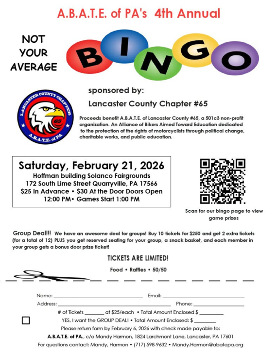ABATE Lancaster Chapter BINGO – February 21, 2026 Doors open at 12 pm and Games start at 1 pm 172 South Lime Street Quarryville, PA 17566